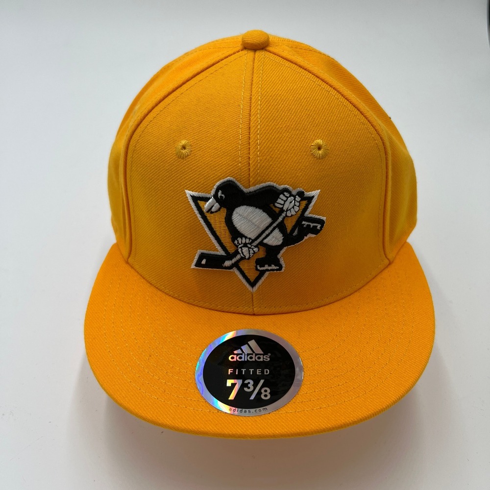 Adidas Pittsburgh Penguins NHL Fitted Hat 7 3/8 Yellow Gold Flat Brim Cap